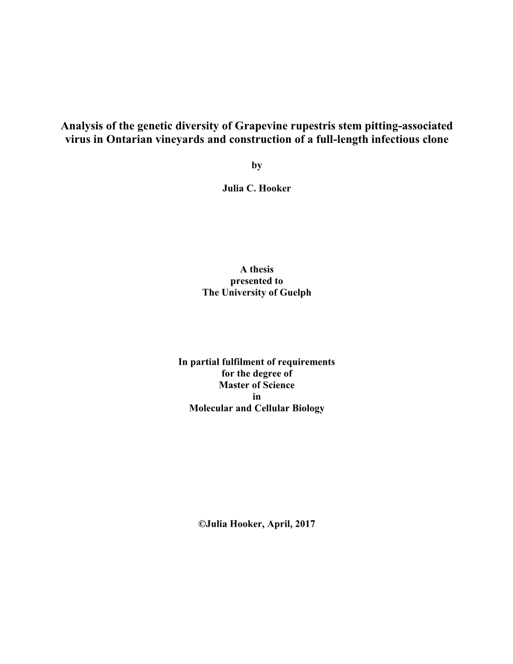 Analysis of the Genetic Diversity of Grapevine Rupestris Stem Pitting-Associated Virus in Ontarian Vineyards and Construction of a Full-Length Infectious Clone