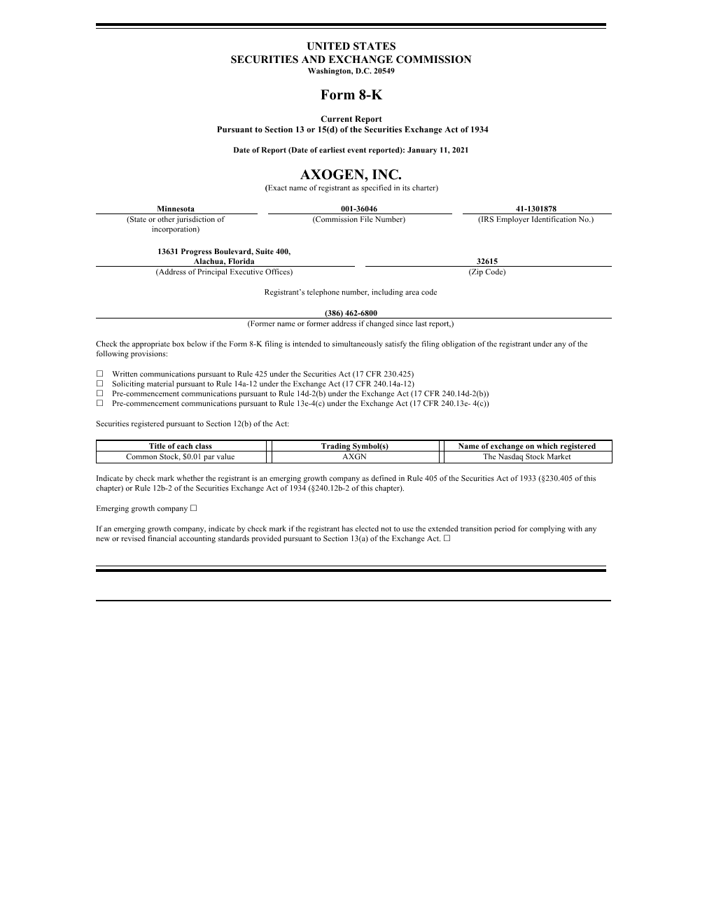 Form 8-K AXOGEN, INC