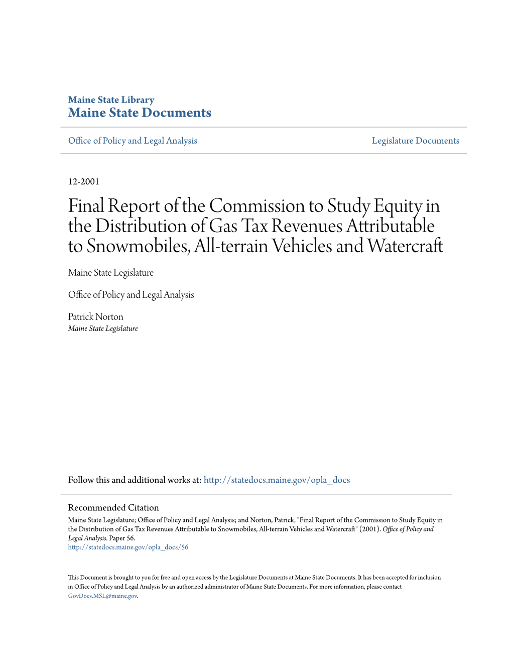 Final Report of the Commission to Study Equity in the Distribution Of