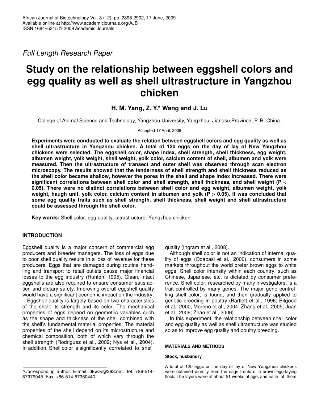 Study on the Relationship Between Eggshell Colors and Egg Quality As Well As Shell Ultrastructure in Yangzhou Chicken