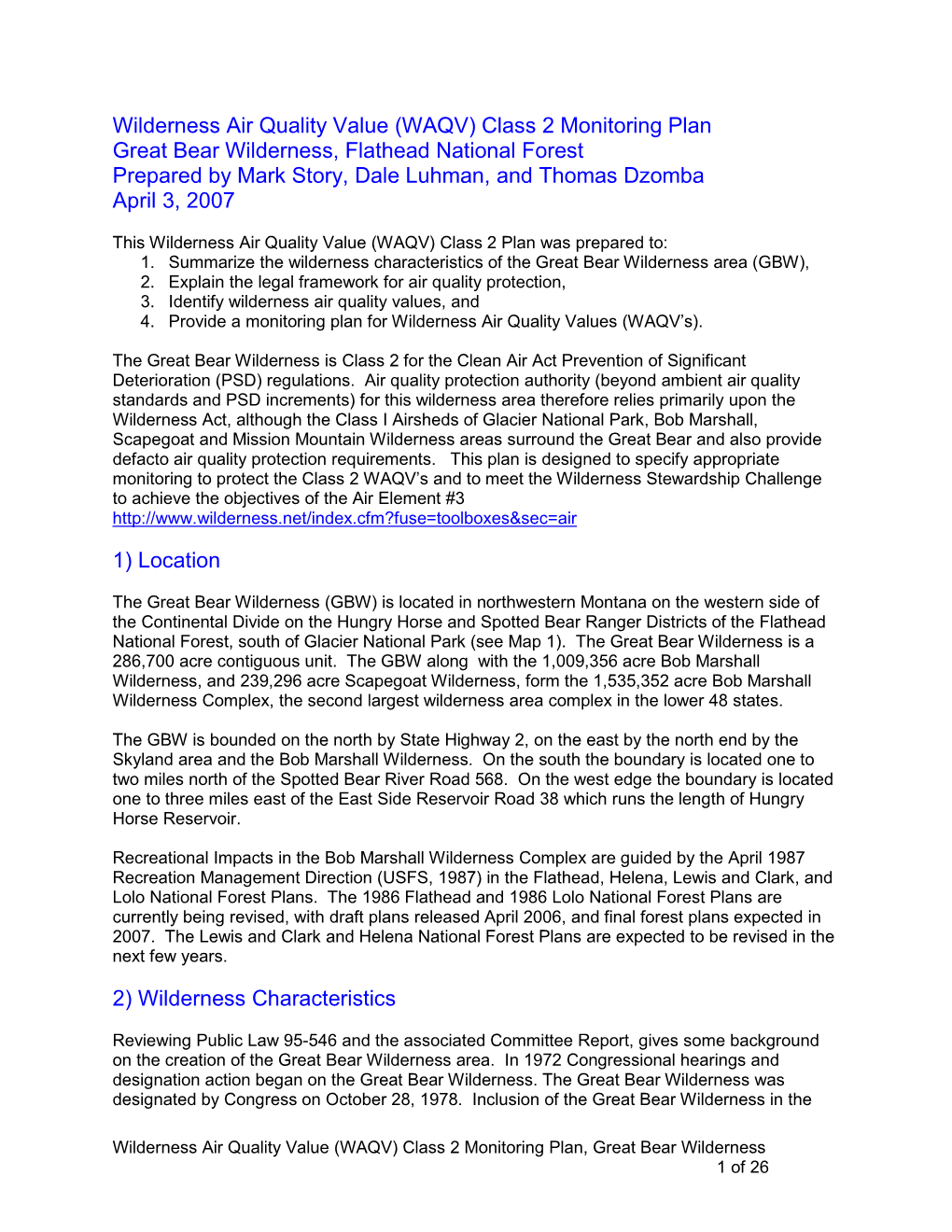 Wilderness Air Quality Value (WAQV) Class 2 Monitoring Plan