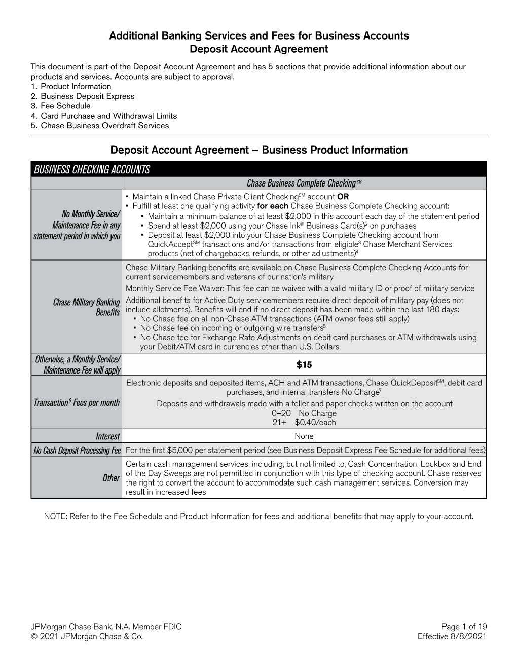 Additional Banking Services and Fees for Business–Accounts Deposit