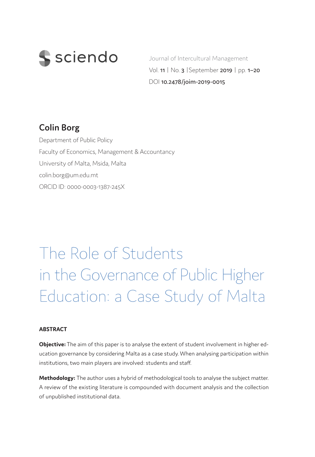 The Role of Students in the Governance of Public Higher Education: a Case Study of Malta