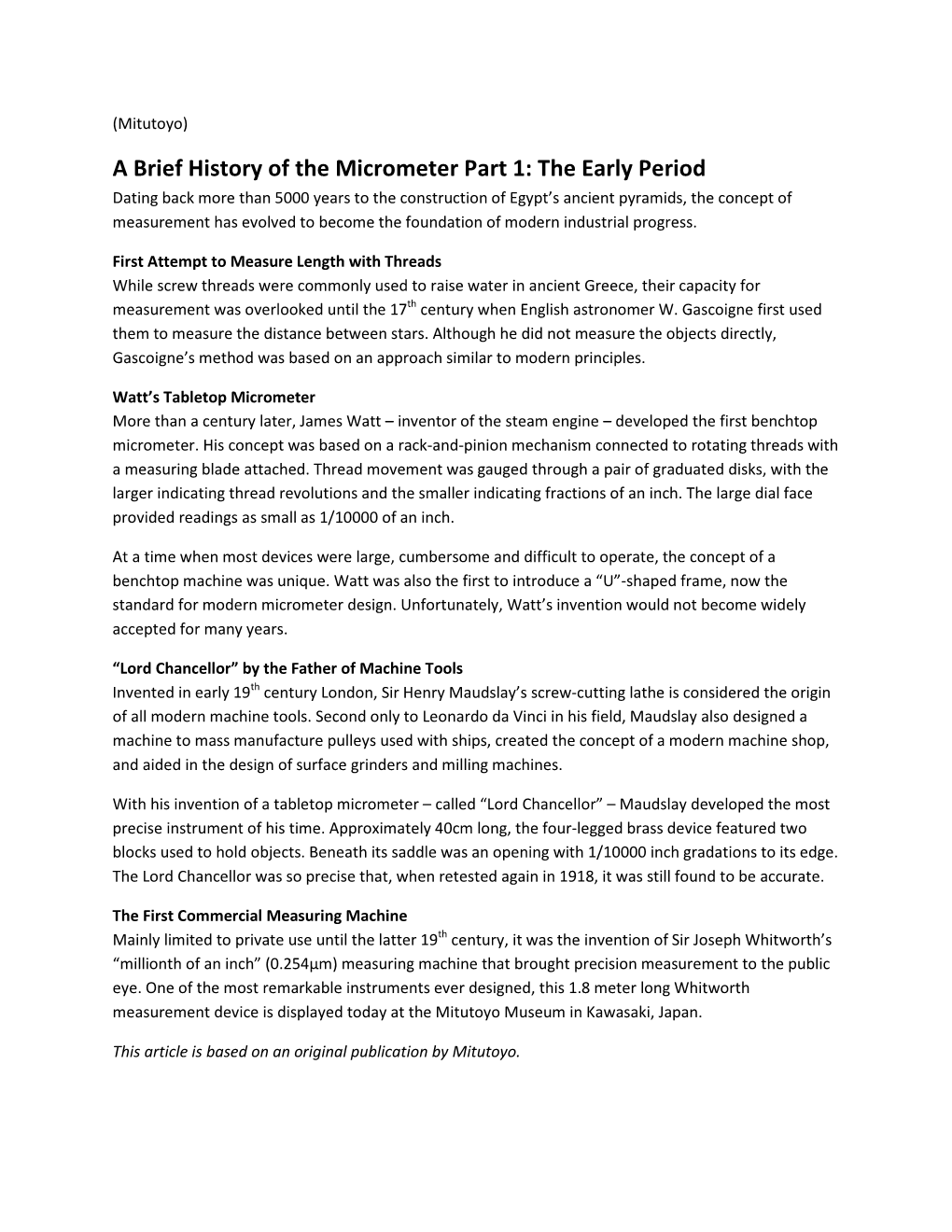 A Brief History of the Micrometer Part 1