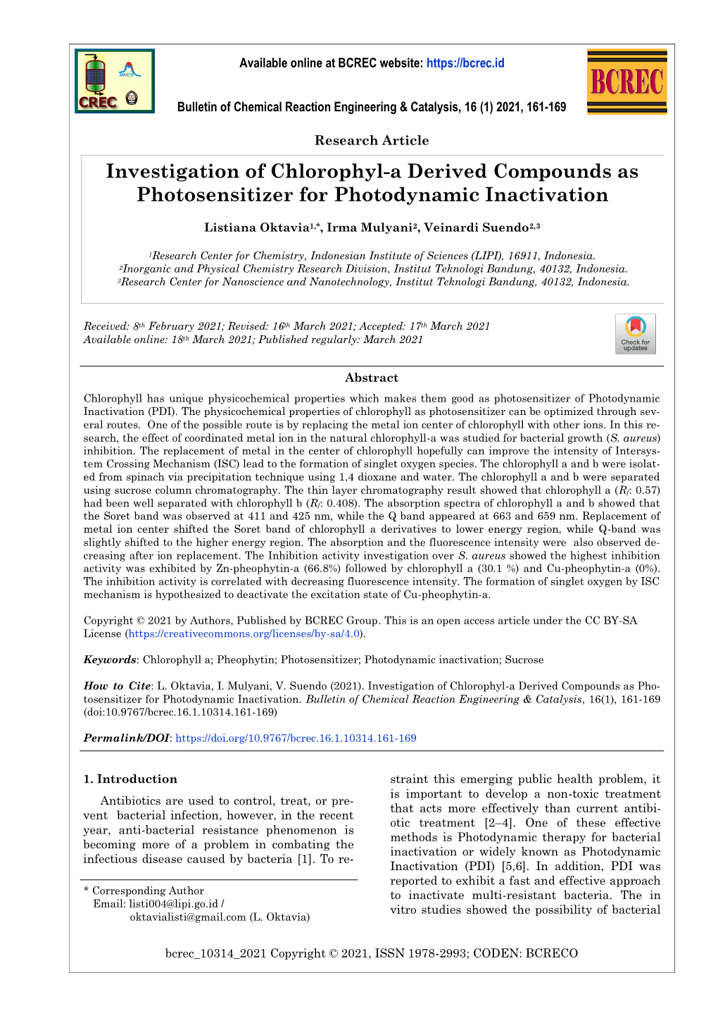 Of Chlorophyl-A Derived Compounds As Photosensitizer for Photodynamic Inactivation