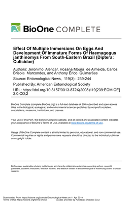 Effect of Multiple Immersions on Eggs and Development of Immature Forms of Haemagogus Janthinomys from South-Eastern Brazil (Diptera: Culicidae)