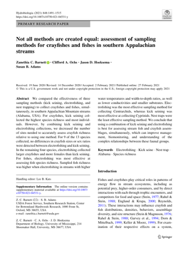 Assessment of Sampling Methods for Crayﬁshes and ﬁshes in Southern Appalachian Streams