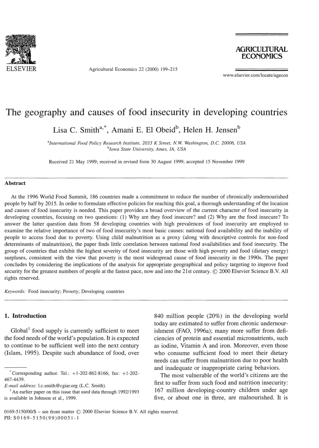 The Geography and Causes of Food Insecurity in Developing Countries