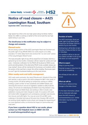 Notice of Road Closure – A425 Leamington Road, Southam September 2020 |
