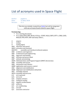 List of Acronyms Used in Space Flight