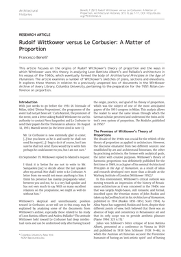 Rudolf Wittkower Versus Le Corbusier: a Matter of Proportion Francesco Benelli*