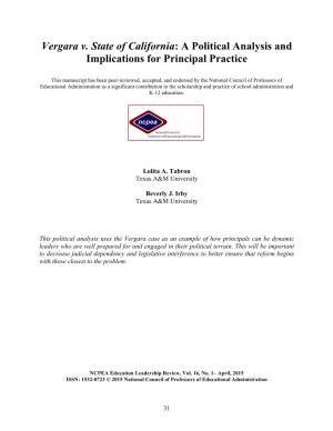 Vergara V. State of California: a Political Analysis and Implications for Principal Practice