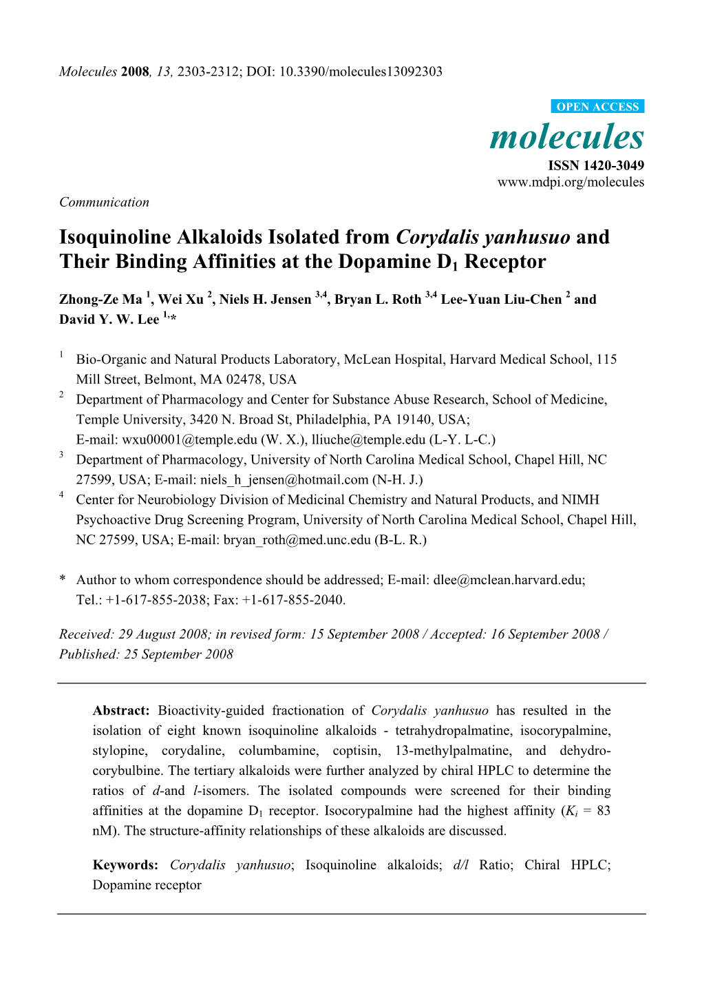 Isoquinoline Alkaloids Isolated from Corydalis Yanhusuo and Their Binding Affinities at the Dopamine D1 Receptor