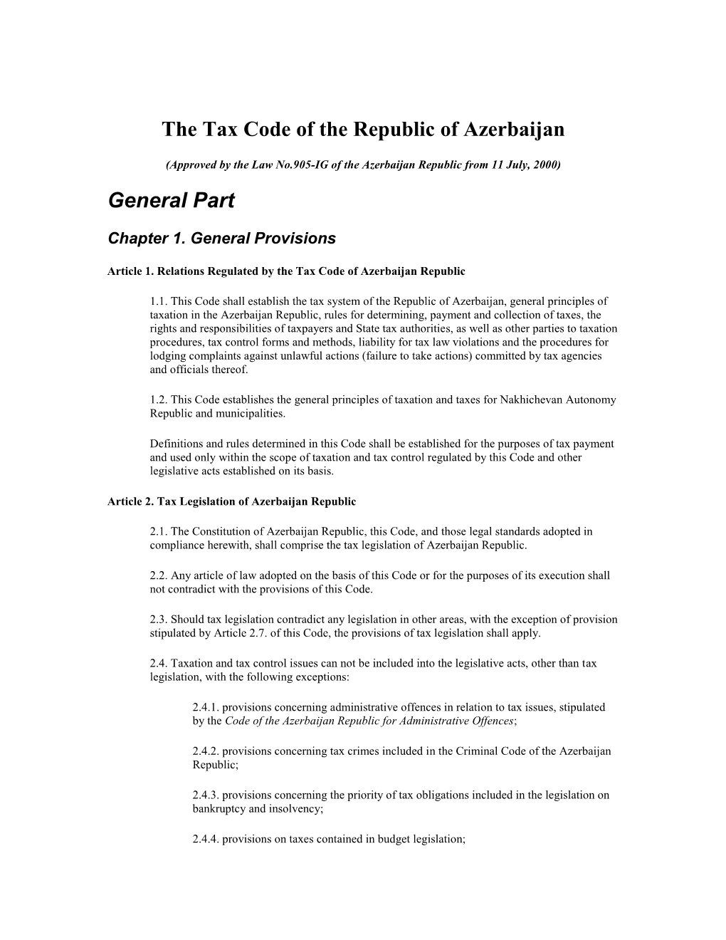 The Tax Code of the Republic of Azerbaijan General Part