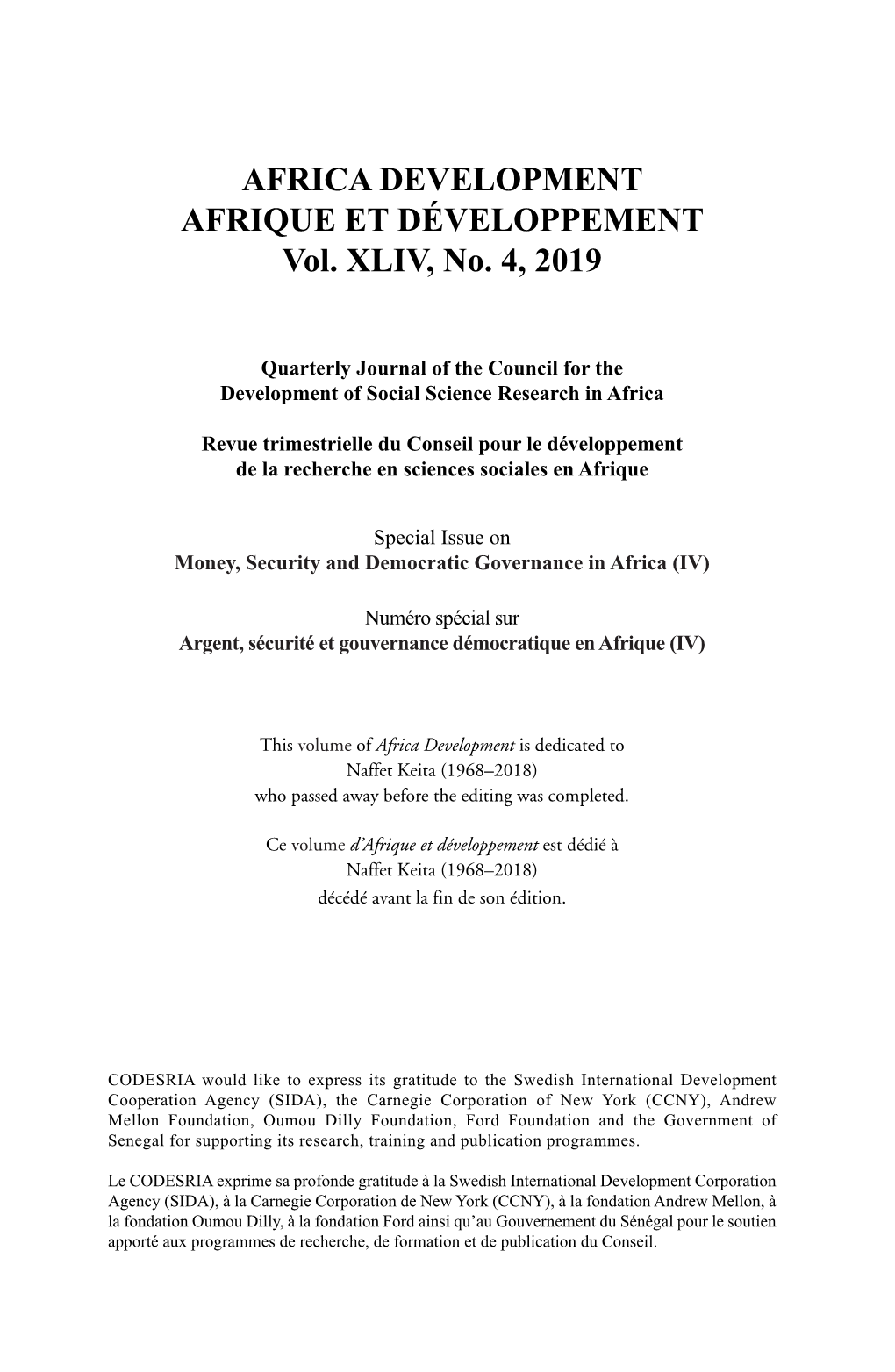 AFRICA DEVELOPMENT AFRIQUE ET DÉVELOPPEMENT Vol. XLIV, No