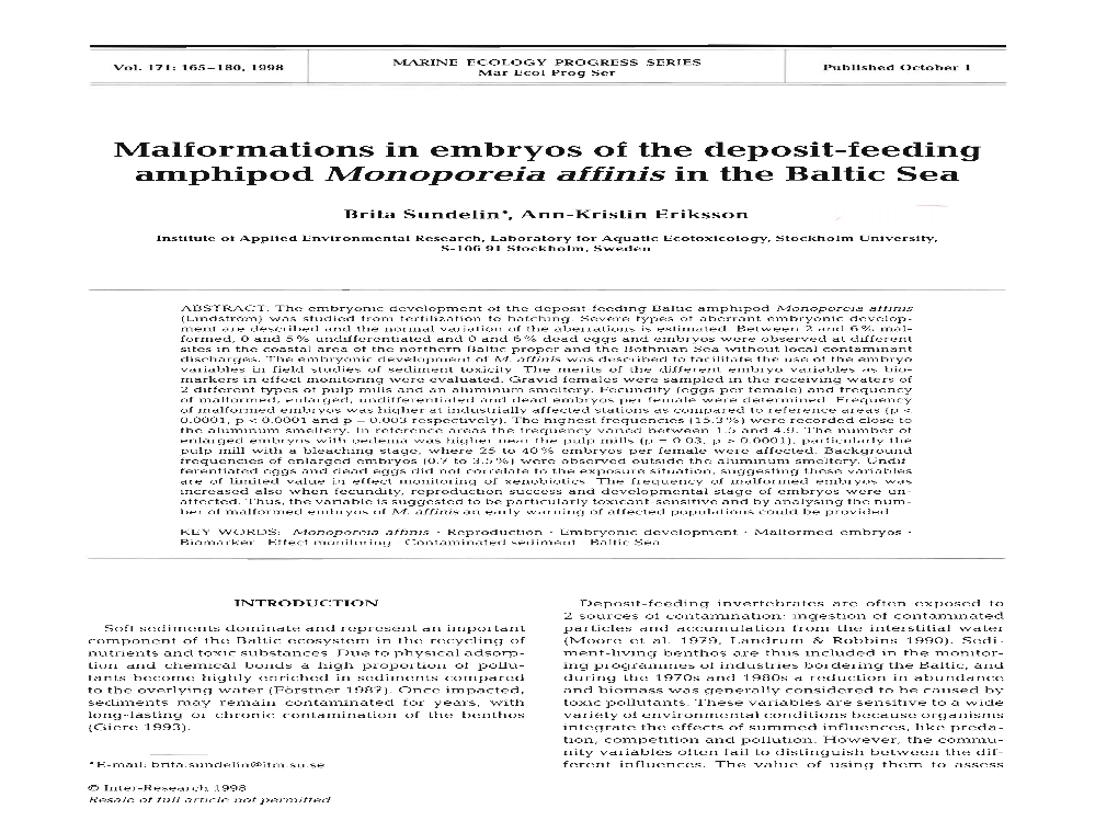 Malformations in Embryos of the Deposit-Feeding Amphipod Monoporeia Affinisin the Baltic Sea