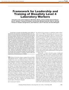 Framework for Leadership and Training of Biosafety Level 4 Laboratory Workers James W