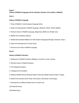 Paperi History of Maithili Language and Its Literature (Answer to Be Written in Maithili) Part a History O