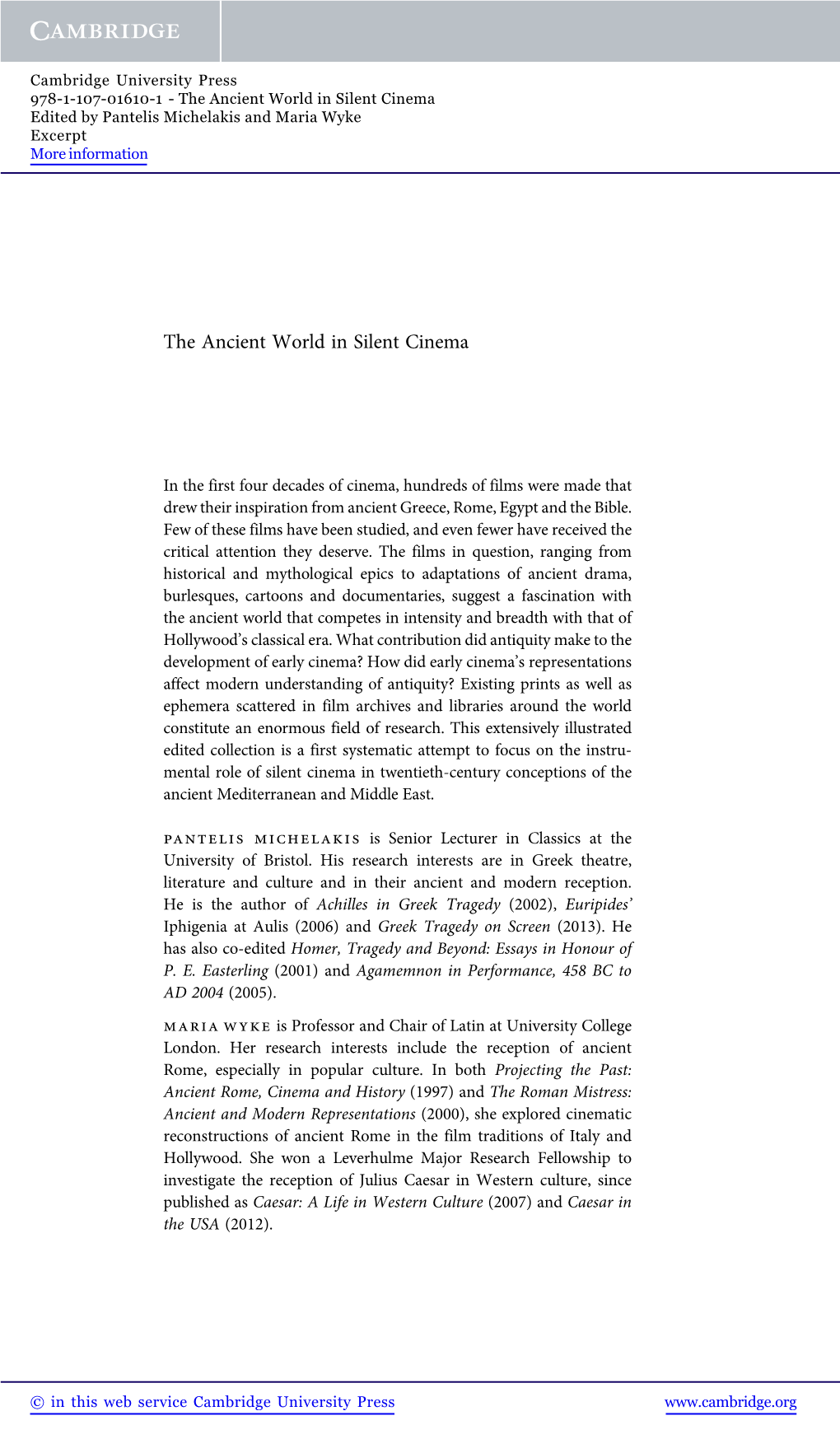 The Ancient World in Silent Cinema Edited by Pantelis Michelakis and Maria Wyke Excerpt More Information