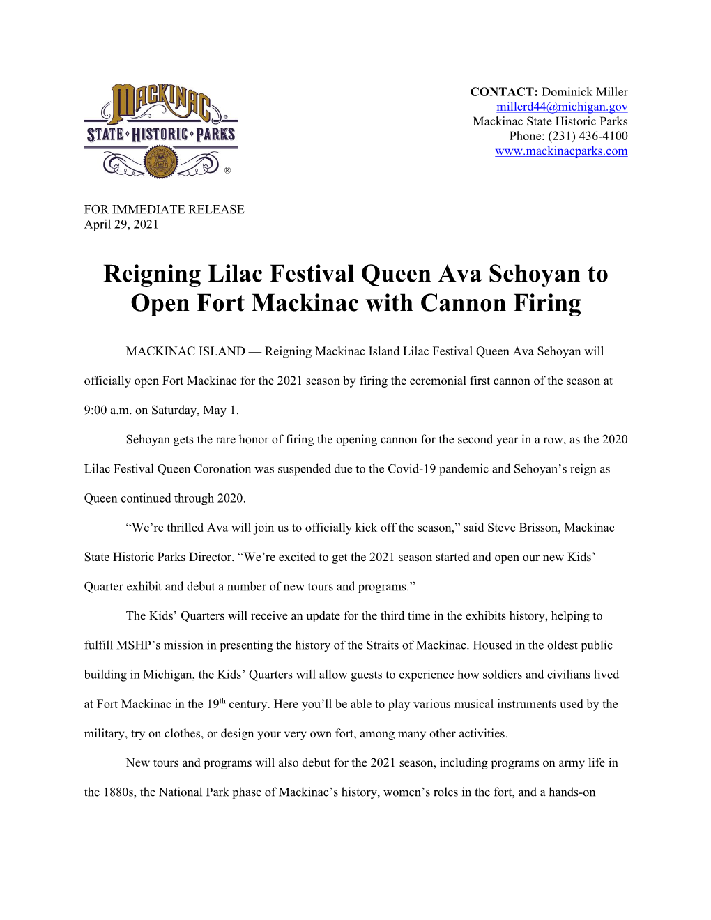 Reigning Lilac Queen Ava Sehoyan to Open Fort Mackinac with Cannon