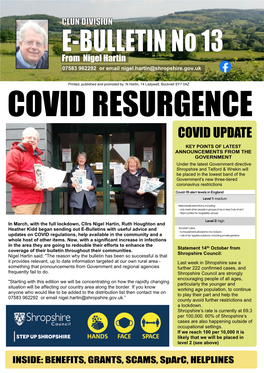 E-BULLETIN No 13 from Nigel Hartin 07583 962292 Or Email Nigel.Hartin@Shropshire.Gov.Uk