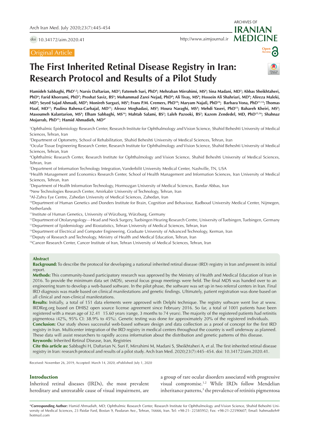 The First Inherited Retinal Disease Registry in Iran: Research Protocol and Results of a Pilot Study