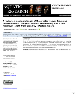 A Review on Maximum Length of the Greater Weever Trachinus Draco Linnaeus 1758 (Perciformes: Trachinidae) with a New Maximum Length from Oran Bay (Western Algeria)