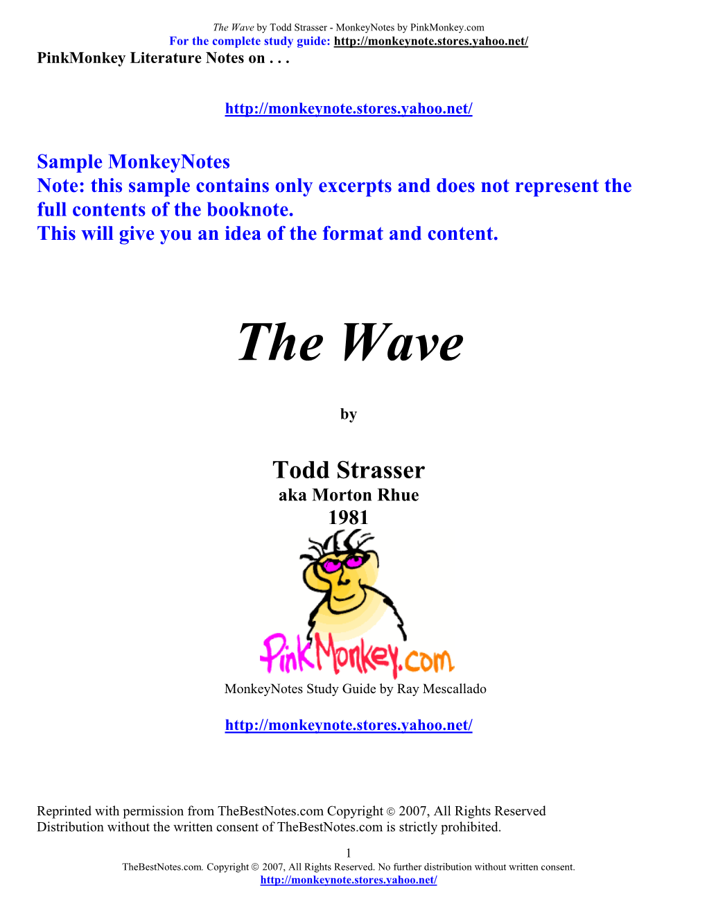 The Wave by Todd Strasser - Monkeynotes by Pinkmonkey.Com for the Complete Study Guide: Pinkmonkey Literature Notes On