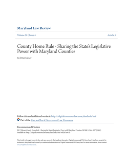 County Home Rule - Sharing the State's Legislative Power with Maryland Counties M