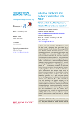 Industrial Hardware and Software Verification with ACL2