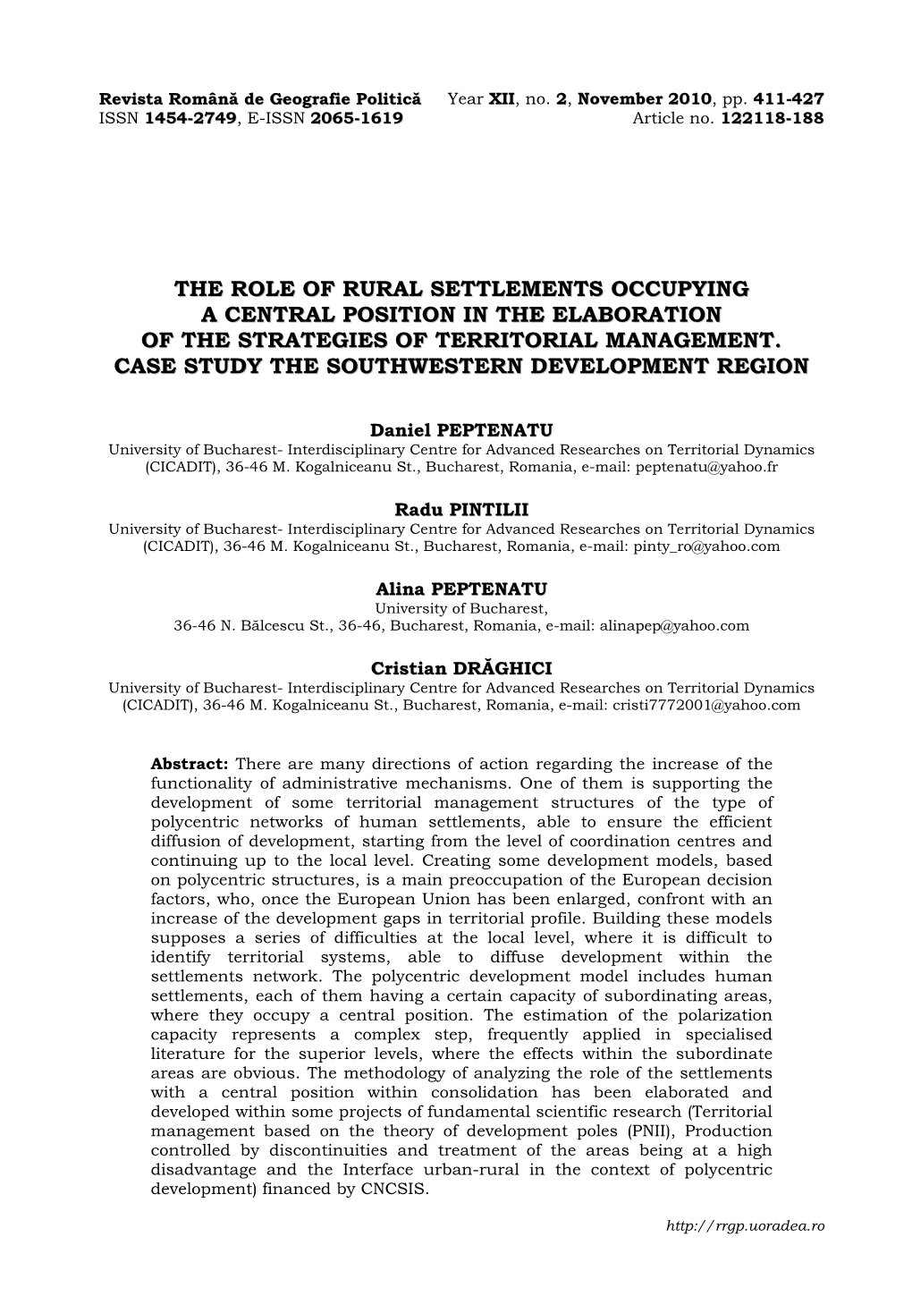 The Role of Rural Settlements Occupying a Central Position in the Elaboration of the Strategies of Territorial Management