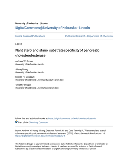 Plant Sterol and Stanol Substrate Specificity of Pancreatic Cholesterol Esterase