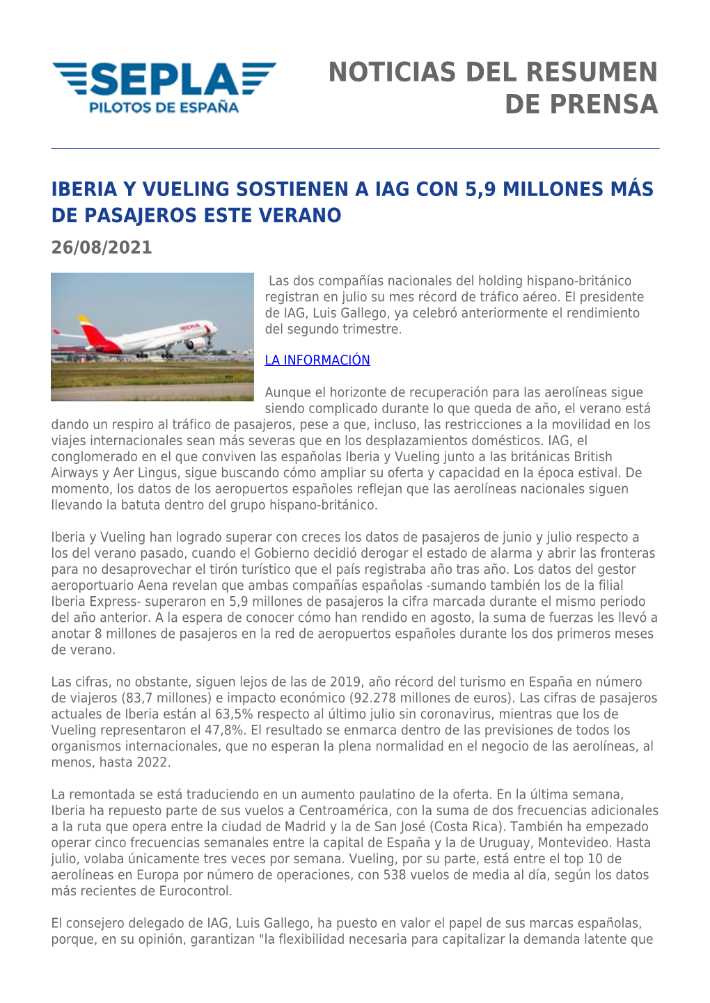 Noticias Del Resumen De Prensa Iberia Y Vueling Sostienen a Iag