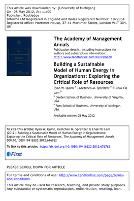 Building a Sustainable Model of Human Energy in Organizations: Exploring the Critical Role of Resources Ryan W