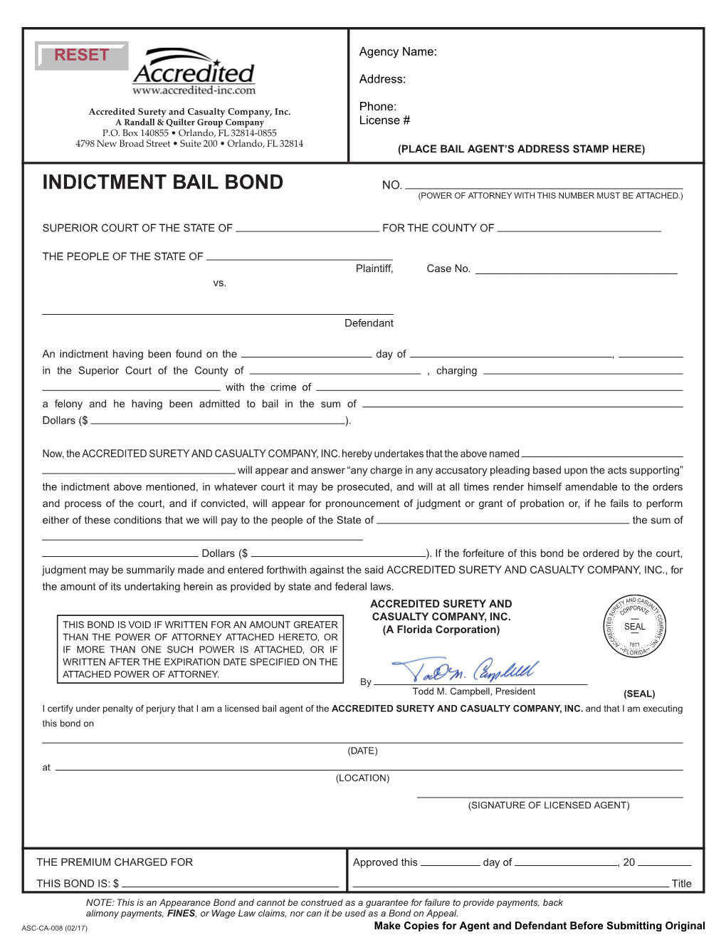 Indictment Bail Bond Face Sheet
