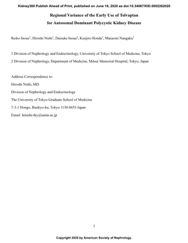 Regional Variance of the Early Use of Tolvaptan for Autosomal Dominant Polycystic Kidney Disease