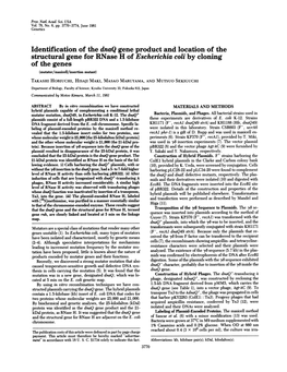 Structural Gene for Rnase H of Escherichia Coli by Cloning of The