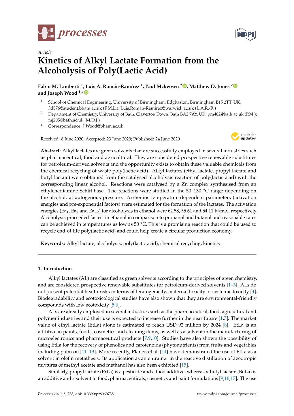 Kinetics of Alkyl Lactate Formation from the Alcoholysis of Poly(Lactic Acid)