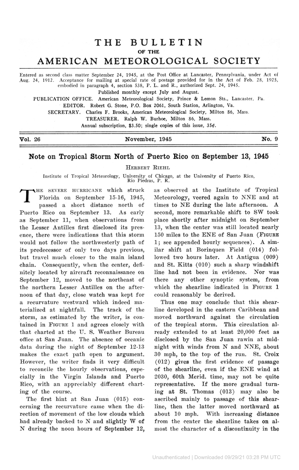 Note on Tropical Storm North of Puerto Rico on September 13, 1945