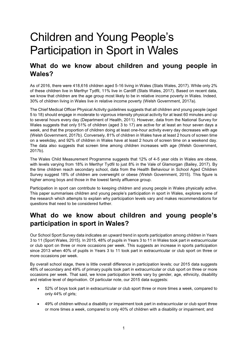 Children and Young People's Participation in Sport in Wales