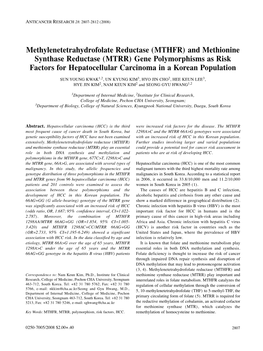 MTHFR) and Methionine Synthase Reductase (MTRR