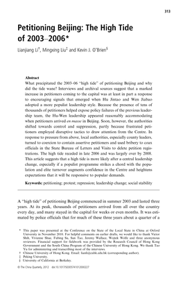 Petitioning Beijing: the High Tide of 2003–2006* Lianjiang Li†, Mingxing Liu‡ and Kevin J