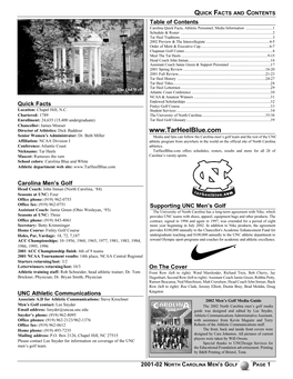 QUICK FACTS and CONTENTS Table of Contents Carolina Quick Facts, Athletic Personnel, Media Information