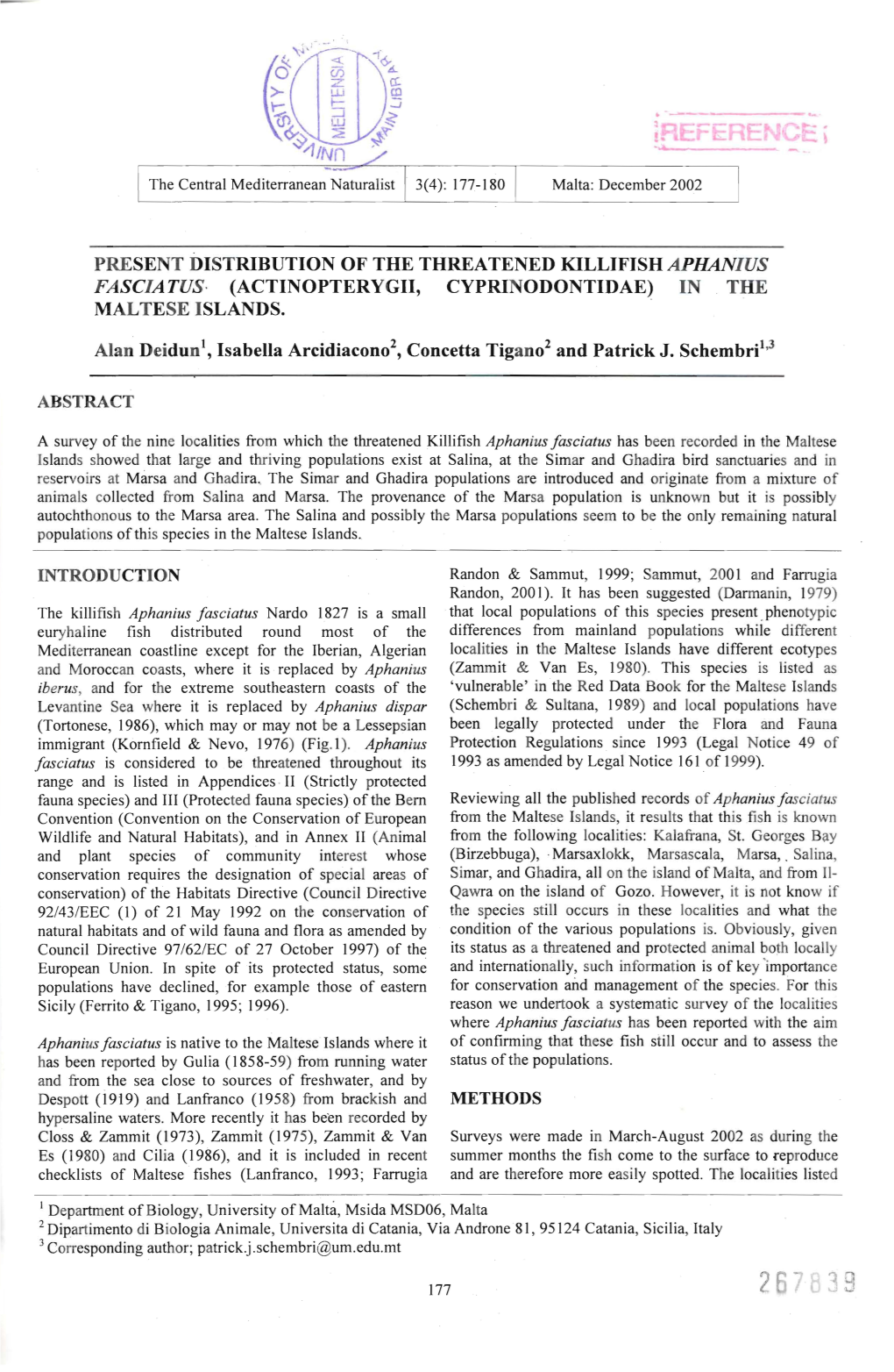 Present Distribution of the Threatened Killifish Aphanius Fasciatus