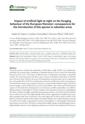 Impact of Artificial Light at Night on the Foraging Behaviour of the European Hamster: Consequences for the Introduction of This Species in Suburban Areas