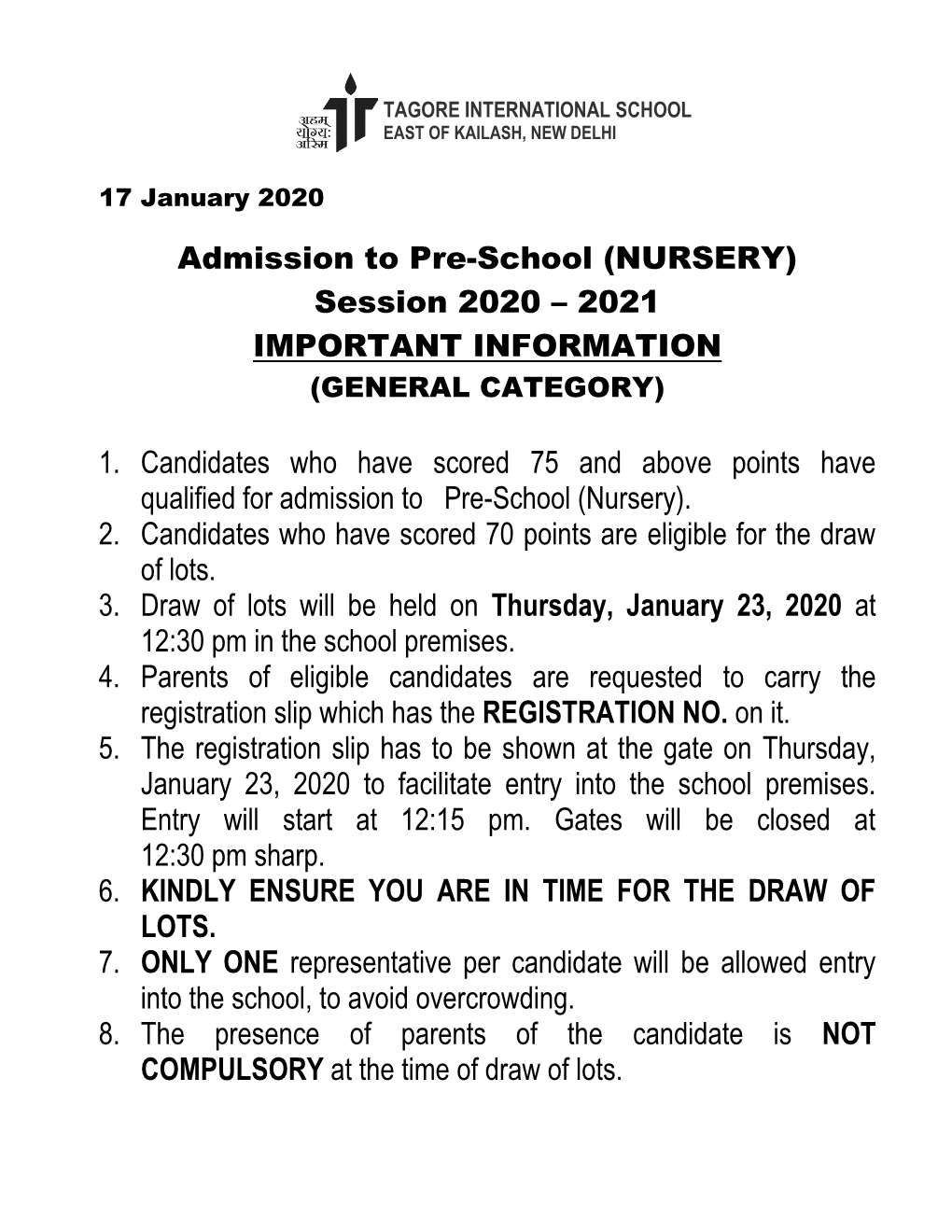 Admission to Pre-School (NURSERY) Session 2020