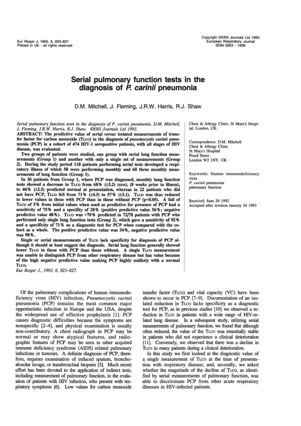 Serial Pulmonary Function Tests in the Diagnosis of P. Carinii Pneumonia