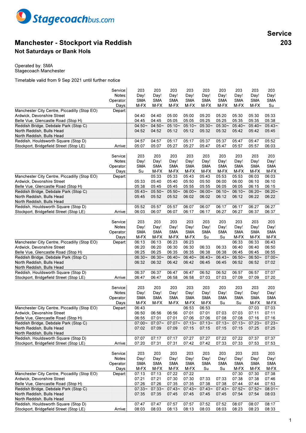 Service Manchester - Stockport Via Reddish 203 Not Saturdays Or Bank Hols