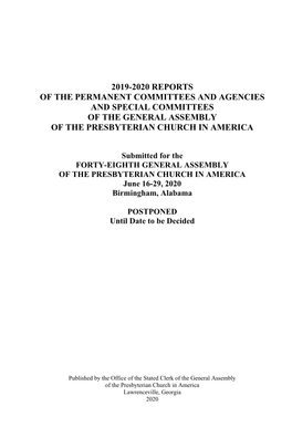 2019-2020 Reports of the Permanent Committees and Agencies and Special Committees of the General Assembly of the Presbyterian Church in America