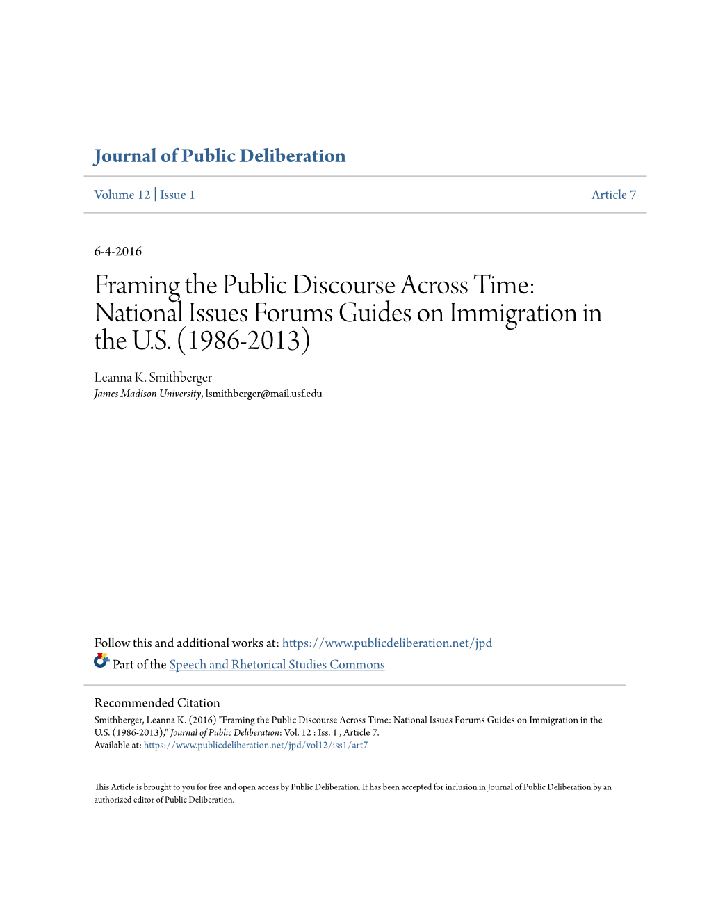 Framing the Public Discourse Across Time: National Issues Forums Guides on Immigration in the U.S